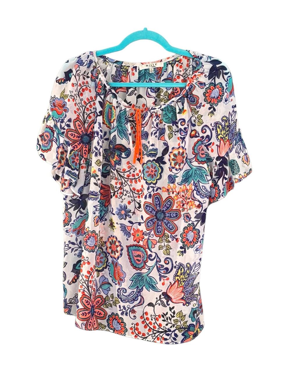 Milly Womans Peasant Top Size L Colorful Semi sheer Top Blouse Tassle Tie Shirt